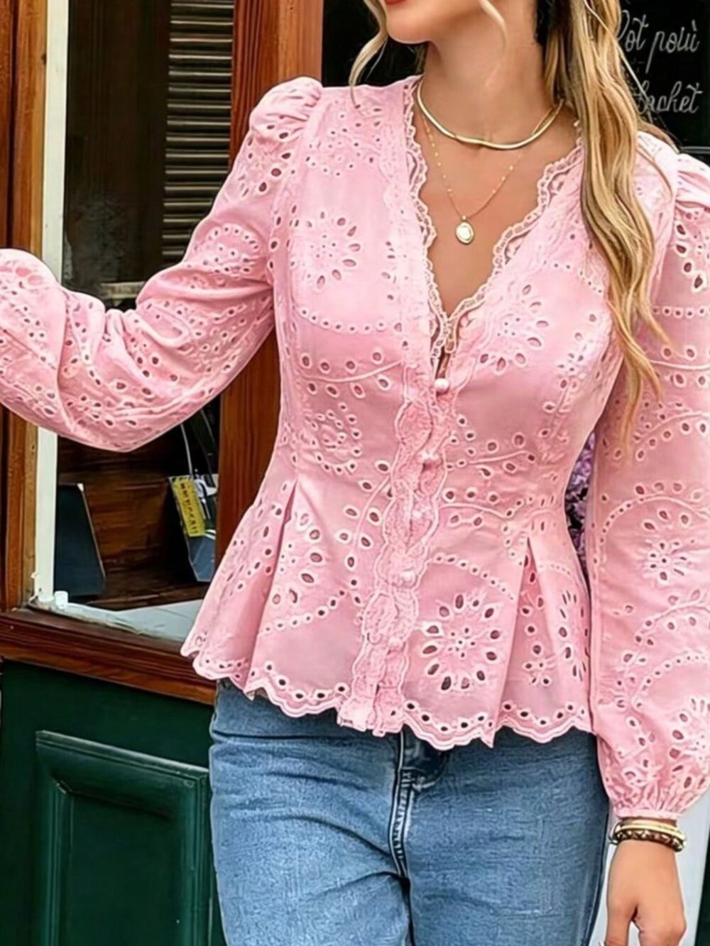 Pink Casual Women's Embroidered Blouse with Lace Trim, Ruched Waist, Cuff Sleeve - Picture 2 of 5